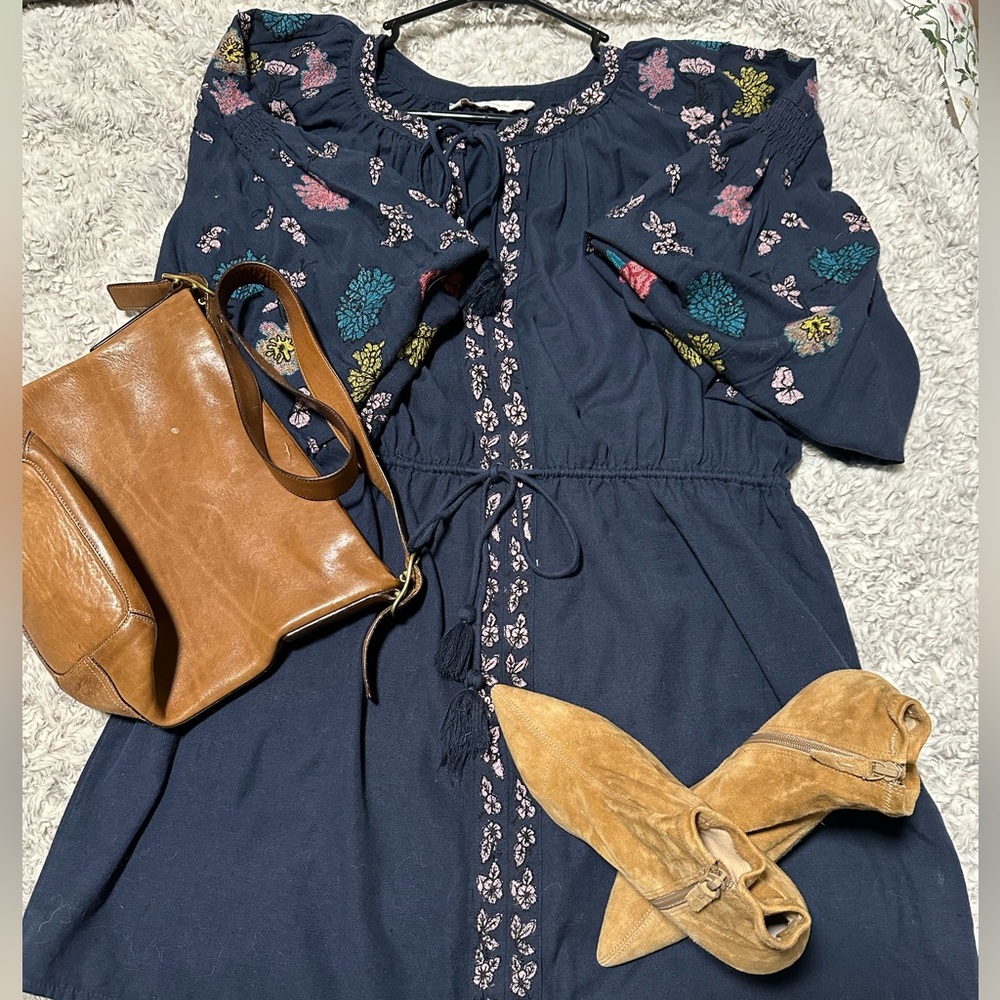 Zara Trafaluc Embroidered Tassel Peasant Dress S